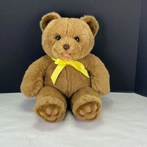 Vintage Cuddle Wit Sitting Teddy Bear Brown Yellow Ribbon